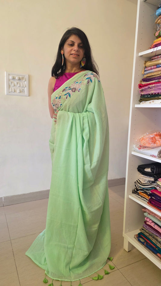 Green Hand-embroidered mulmul saree