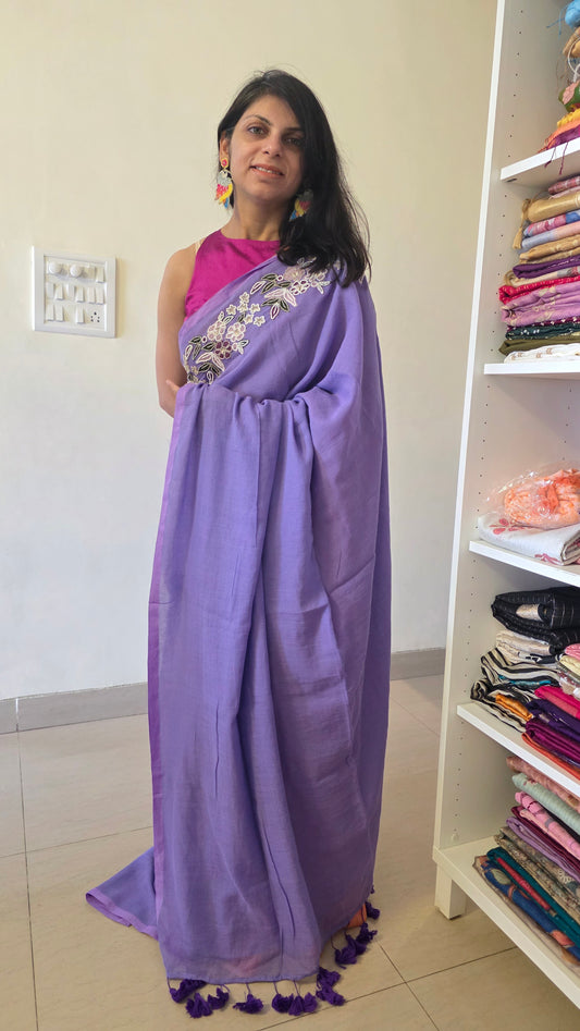 Lavender Hand-embroidered mulmul saree