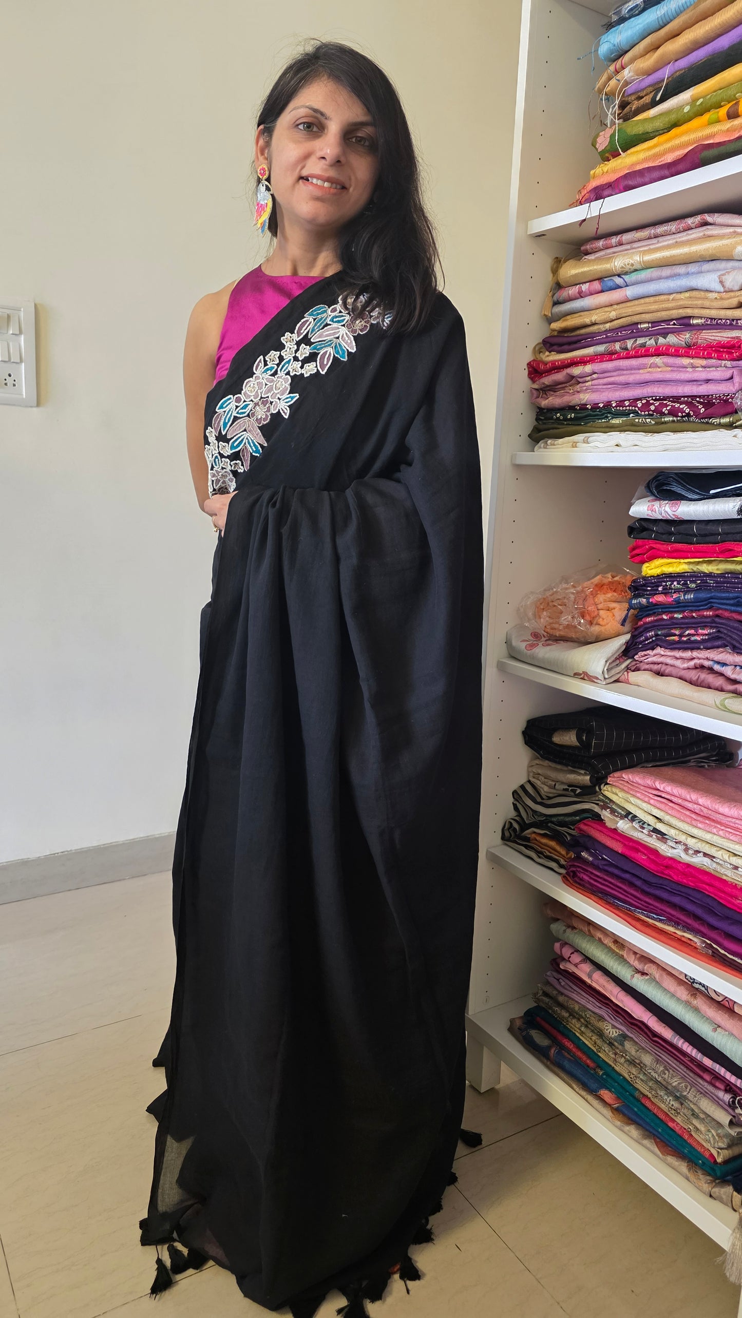 Black Hand-embroidered mulmul saree