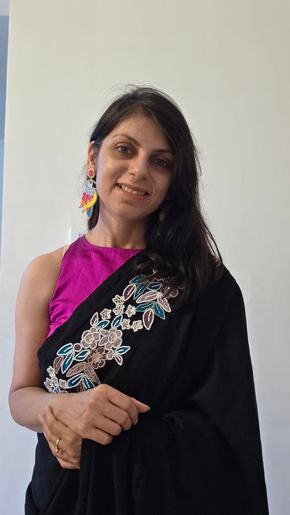 Black Hand-embroidered mulmul saree