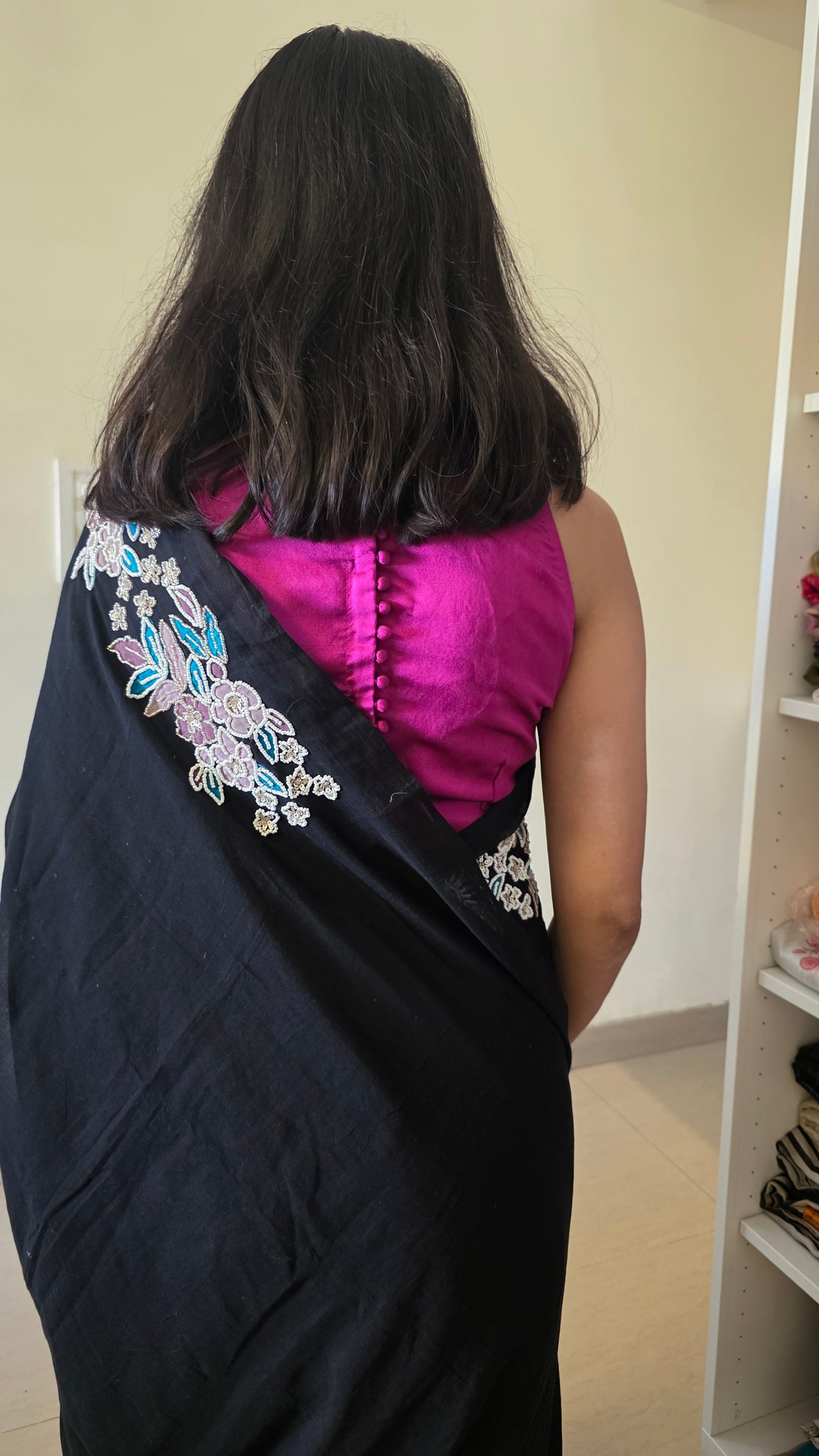Black Hand-embroidered mulmul saree