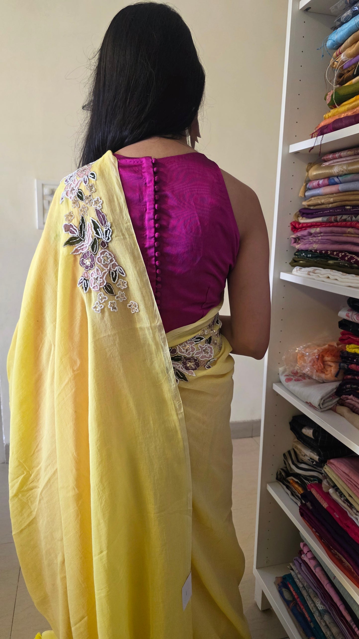 Yellow Hand-embroidered mulmul saree