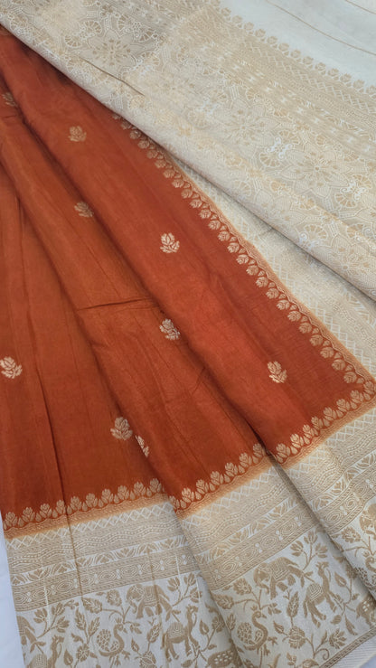 Orange with Ivory contrast Banarasi Silk Saree