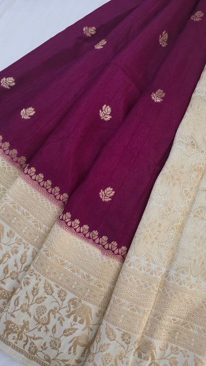 Wine with Ivory contrast Banarasi Silk Saree