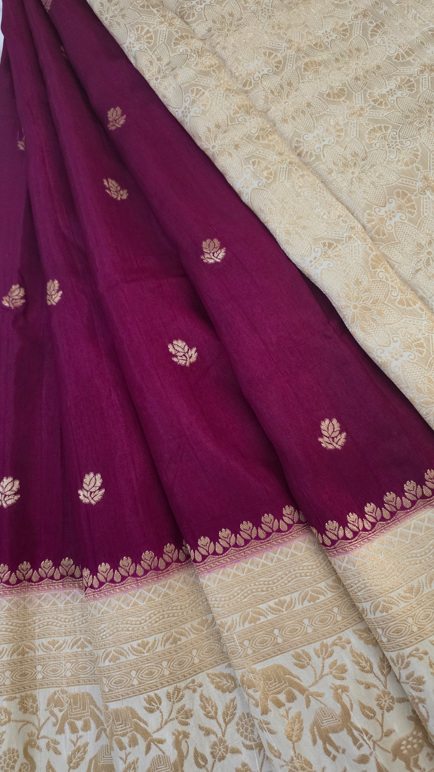 Wine with Ivory contrast Banarasi Silk Saree