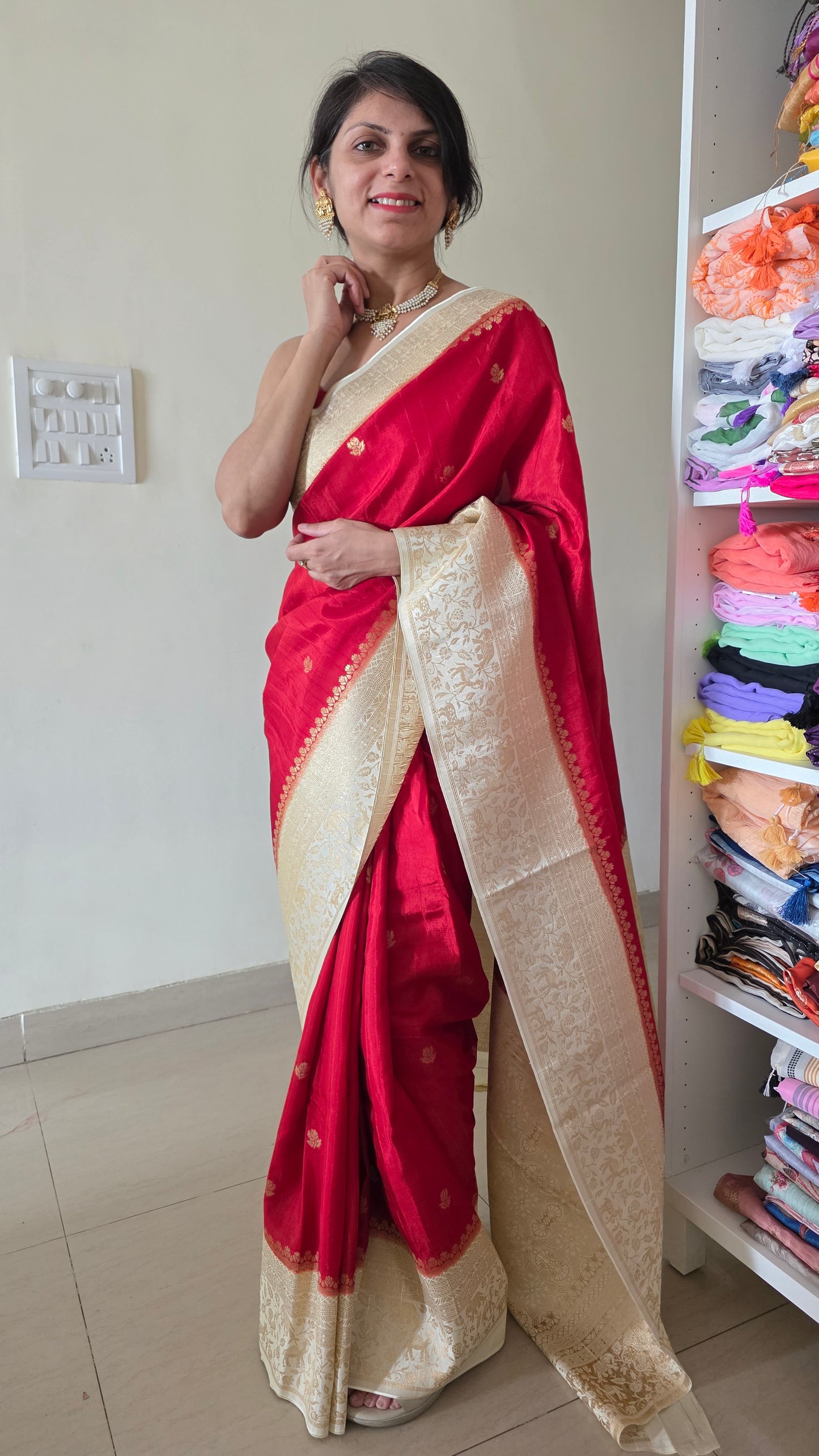 Red with Ivory contrast Banarasi Silk Saree