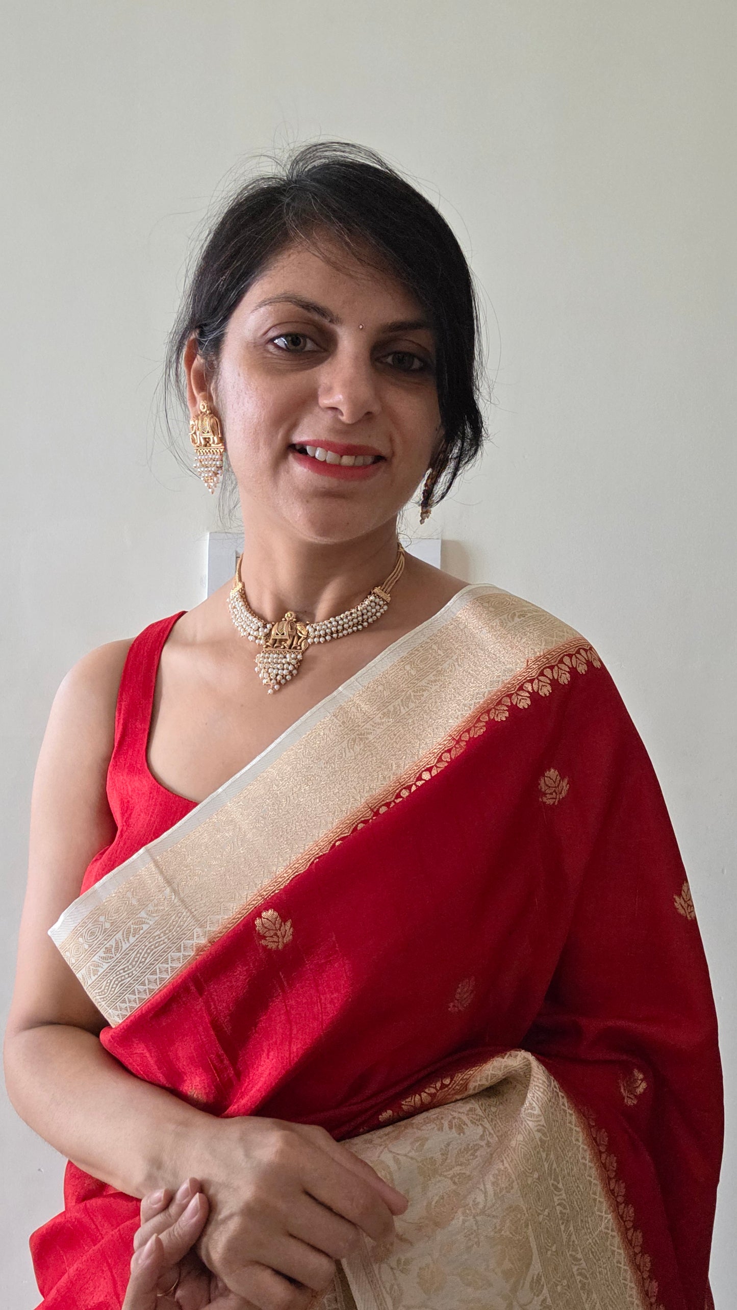 Red with Ivory contrast Banarasi Silk Saree