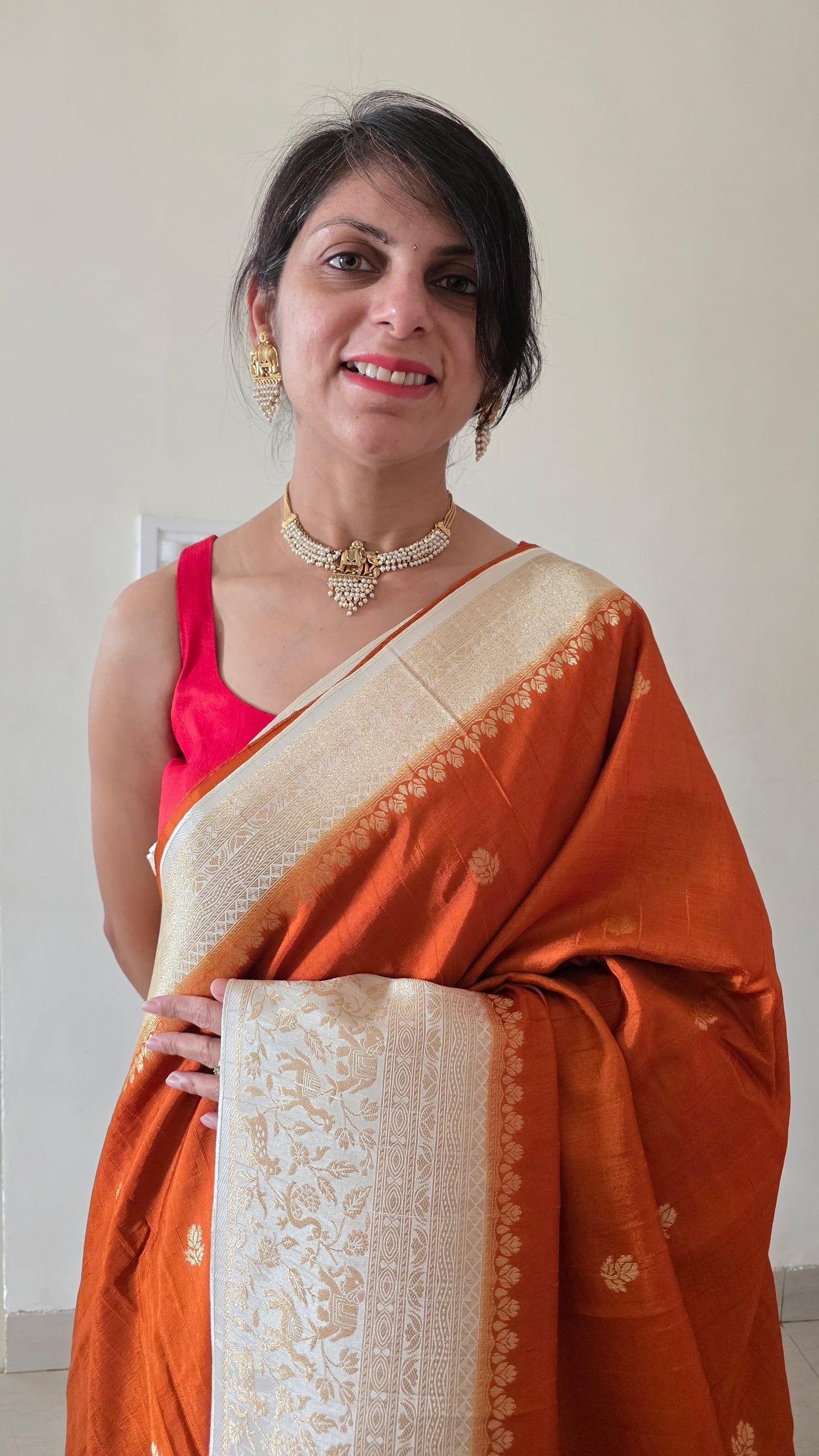 Orange with Ivory contrast Banarasi Silk Saree
