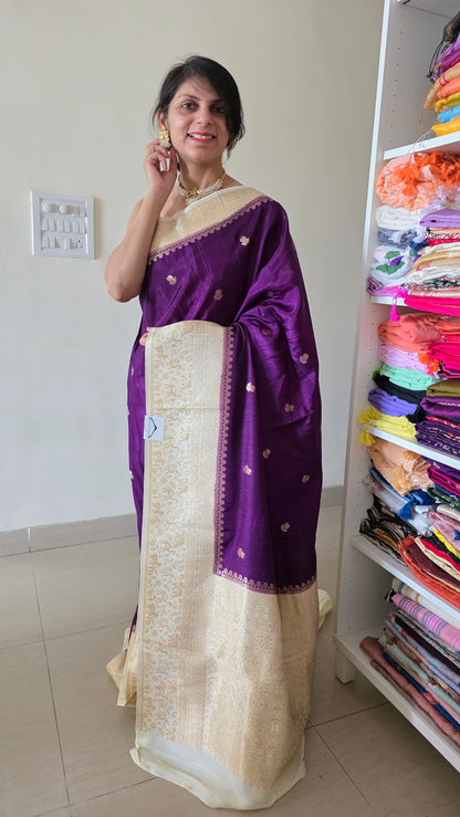 Purple with Ivory contrast Banarasi Silk Saree