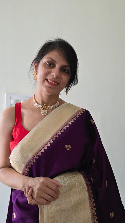 Purple with Ivory contrast Banarasi Silk Saree