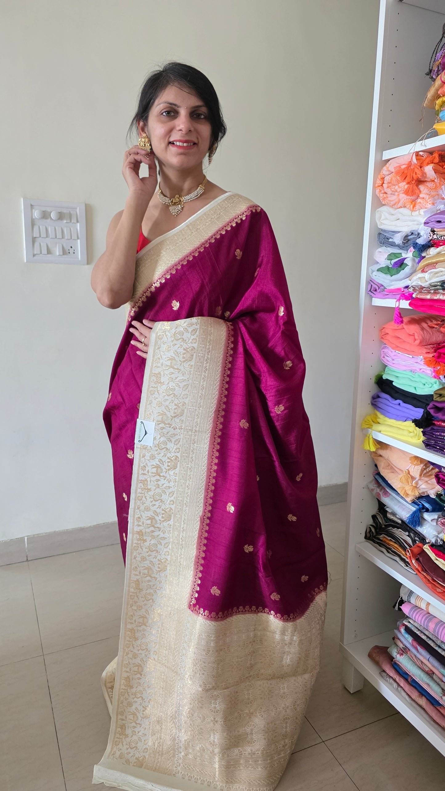 Wine with Ivory contrast Banarasi Silk Saree