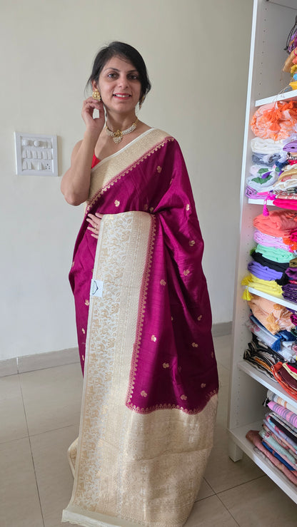 Wine with Ivory contrast Banarasi Silk Saree