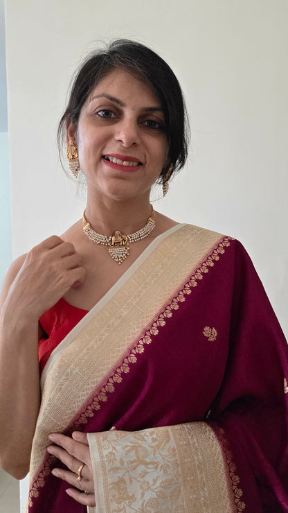 Wine with Ivory contrast Banarasi Silk Saree