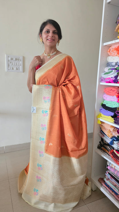 Orange Ivory contrast Banarasi Silk Saree