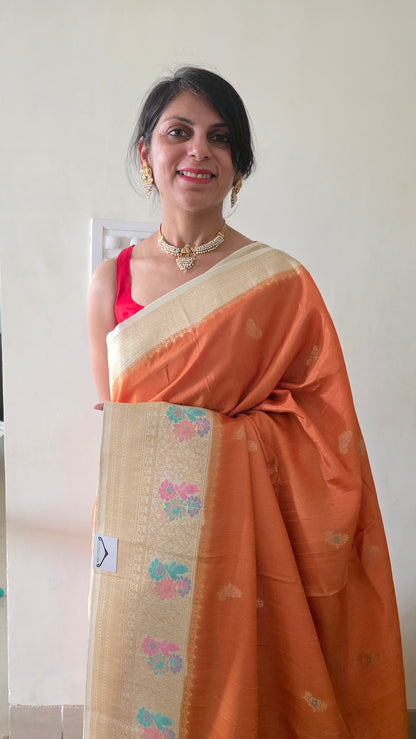 Orange Ivory contrast Banarasi Silk Saree