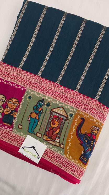 Teal blue Dola silk figure Saree