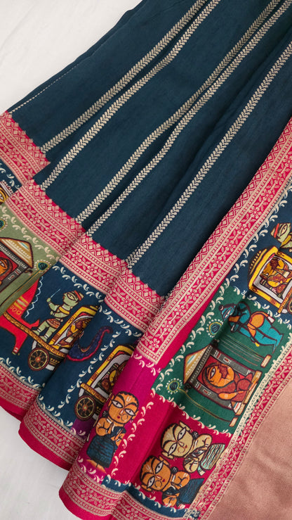 Teal blue Dola silk figure Saree
