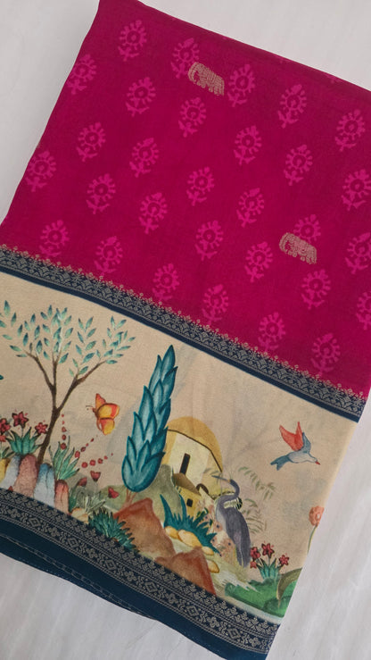 Pink Blue Dola silk figure Saree