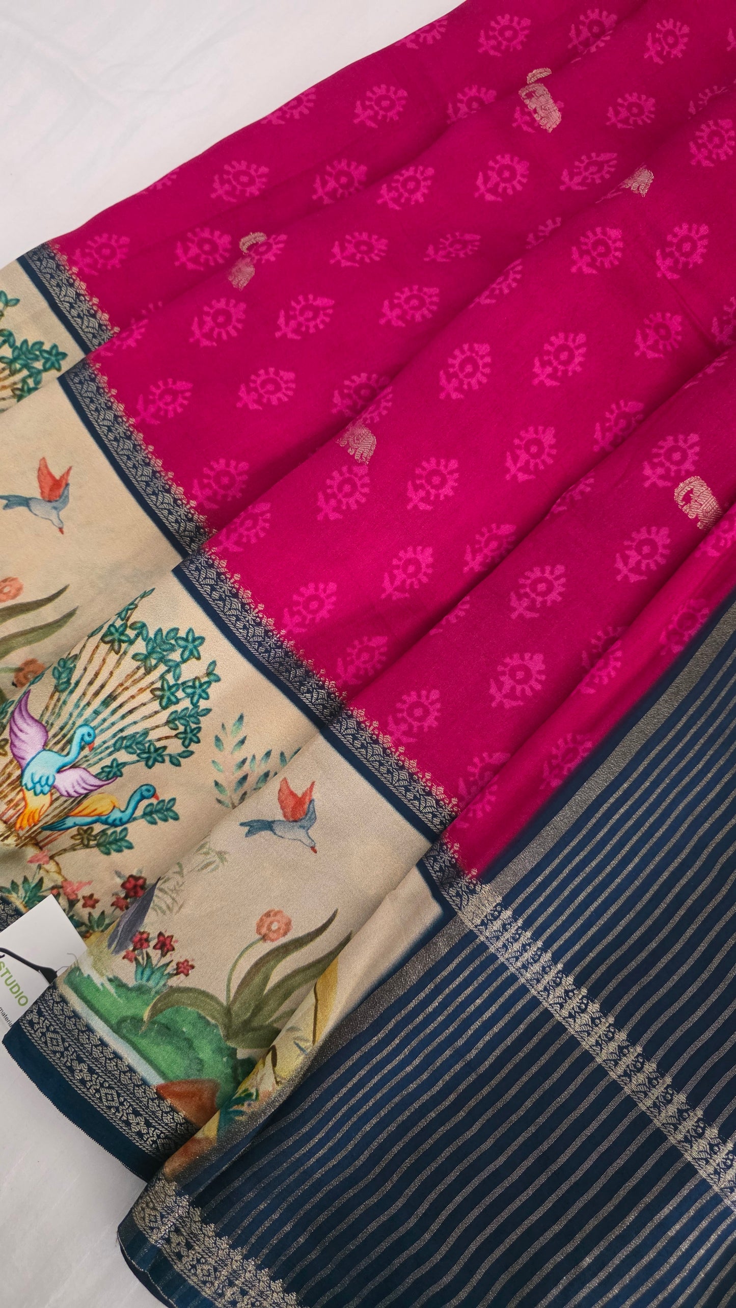 Pink Blue Dola silk figure Saree