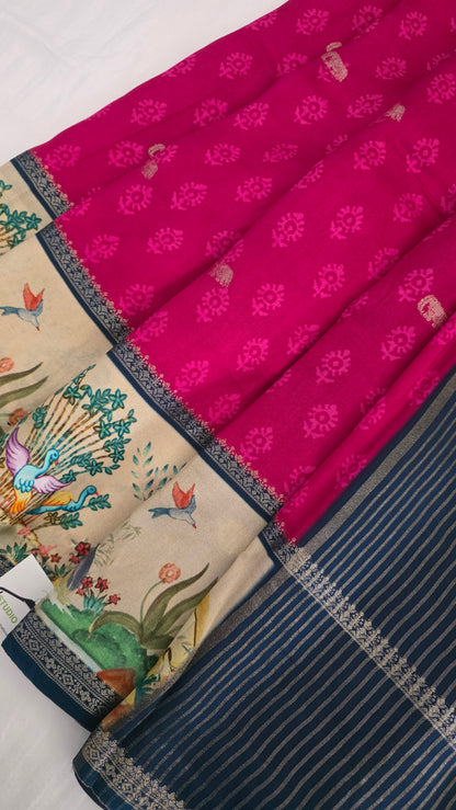 Pink Blue Dola silk figure Saree