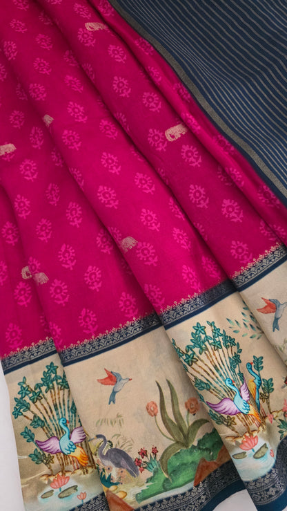 Pink Blue Dola silk figure Saree