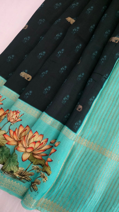 Black  Blue Dola silk figure Saree