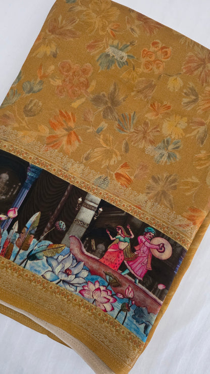 Mustard YELLOW Dola silk figure Saree