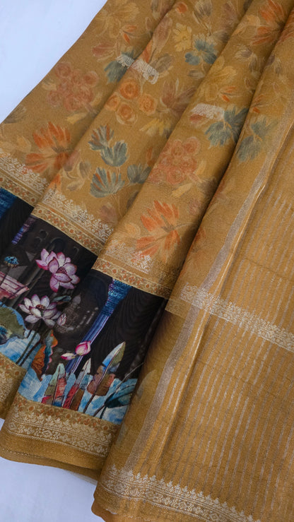 Mustard YELLOW Dola silk figure Saree