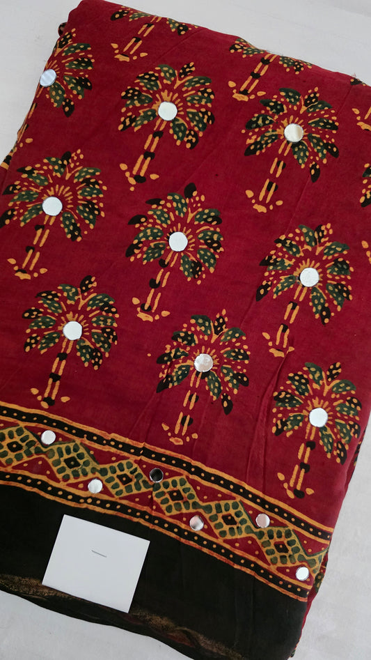 Red mirror modal ajrakh Saree