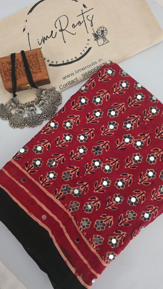 Red ajrakh modal silk mirror work Saree