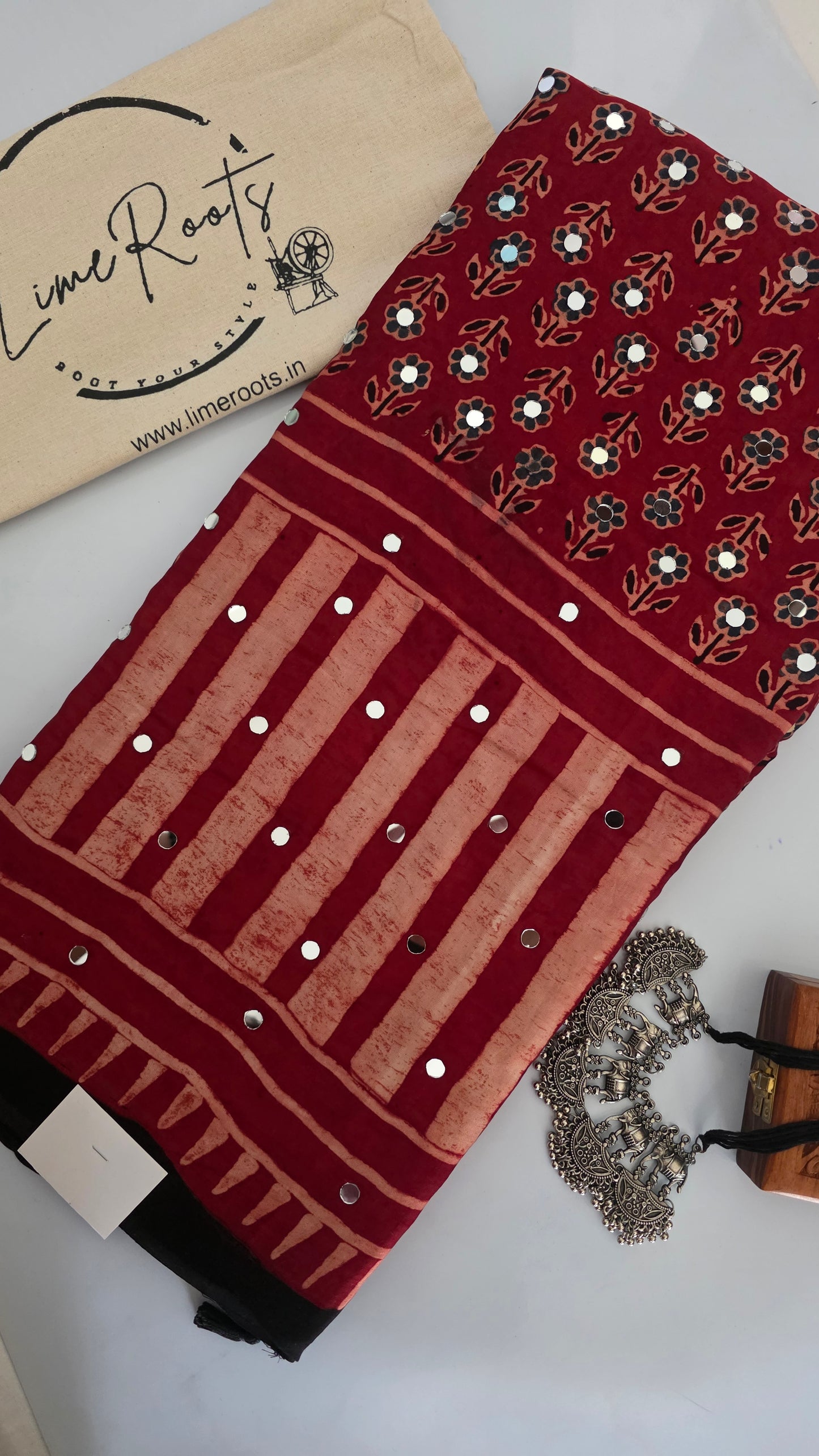 Red ajrakh modal silk mirror work Saree
