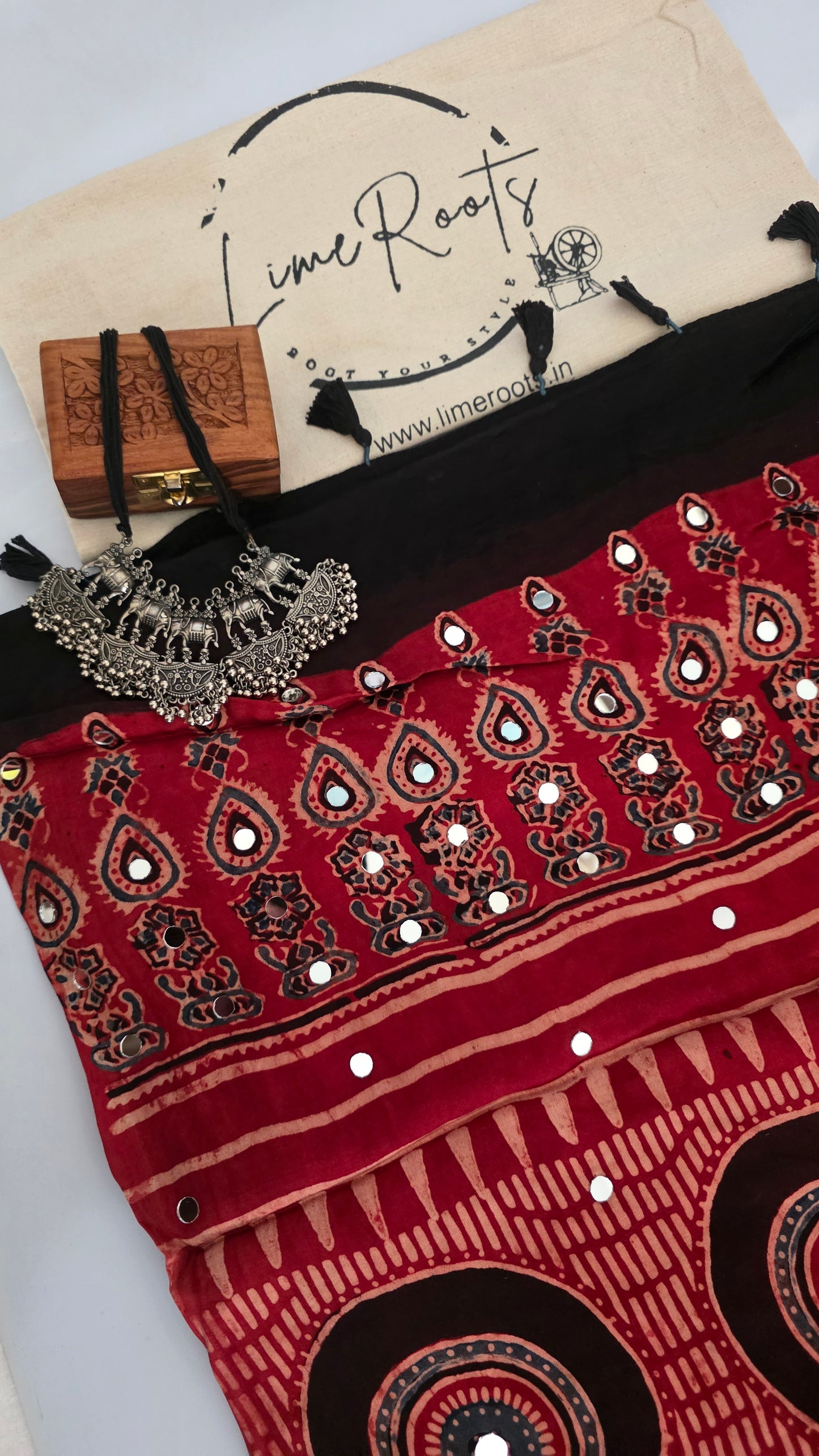 Red ajrakh modal silk mirror work Saree