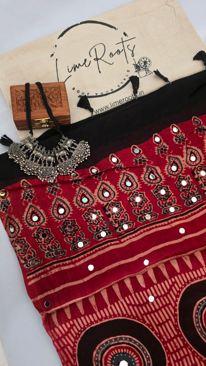 Red ajrakh modal silk mirror work Saree