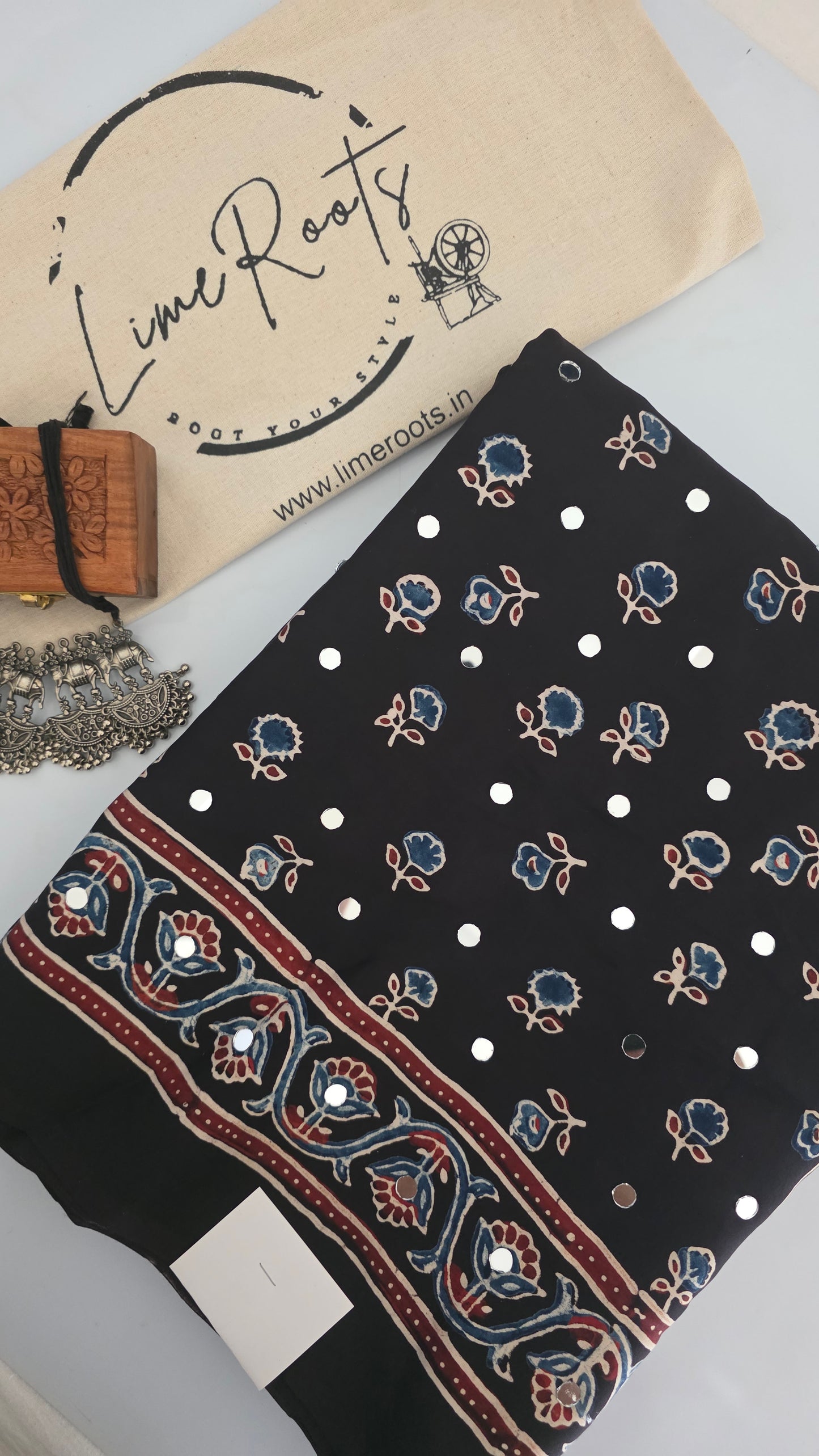 Black modal silk ajrakh Saree with mirror