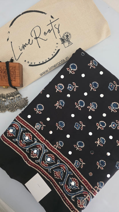 Black modal silk ajrakh Saree with mirror