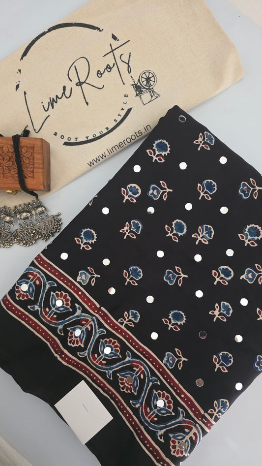 Black modal silk ajrakh Saree with mirror