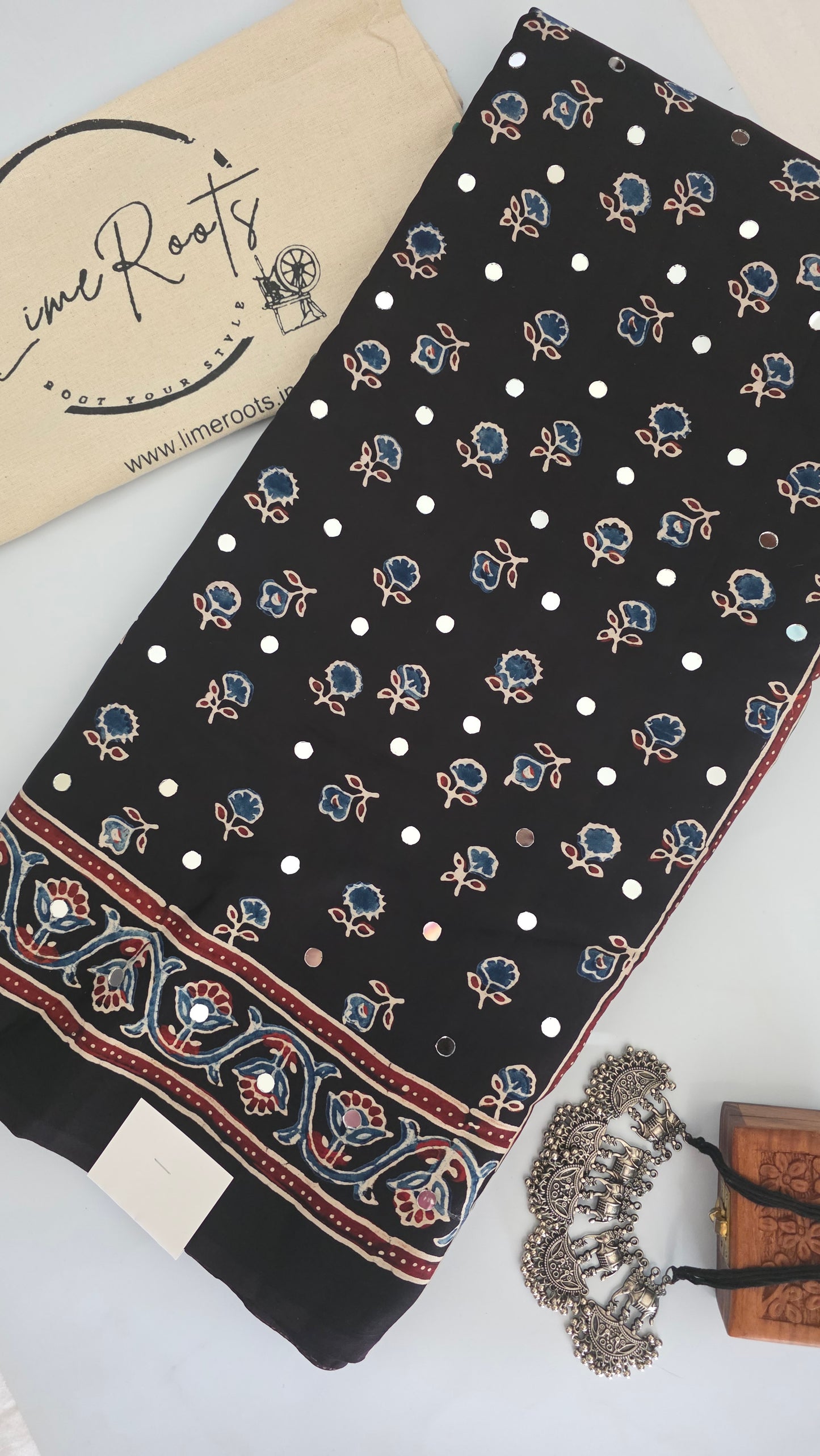 Black modal silk ajrakh Saree with mirror