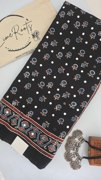 Black modal silk ajrakh Saree with mirror