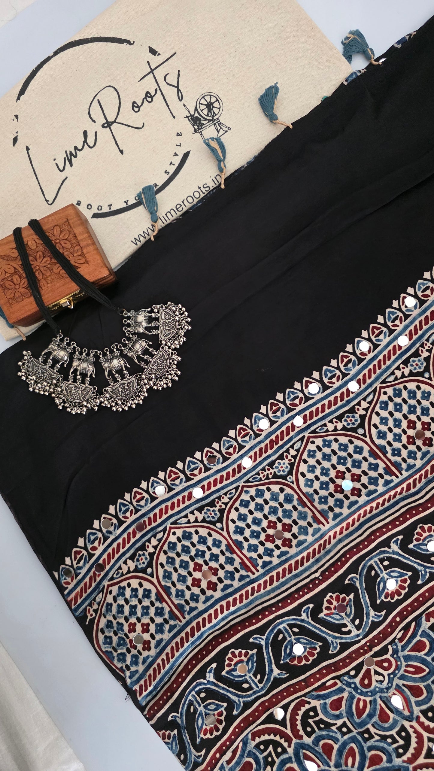 Black modal silk ajrakh Saree with mirror
