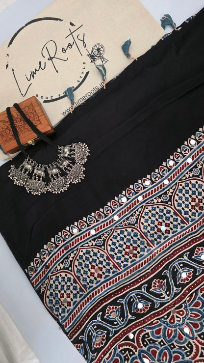 Black modal silk ajrakh Saree with mirror