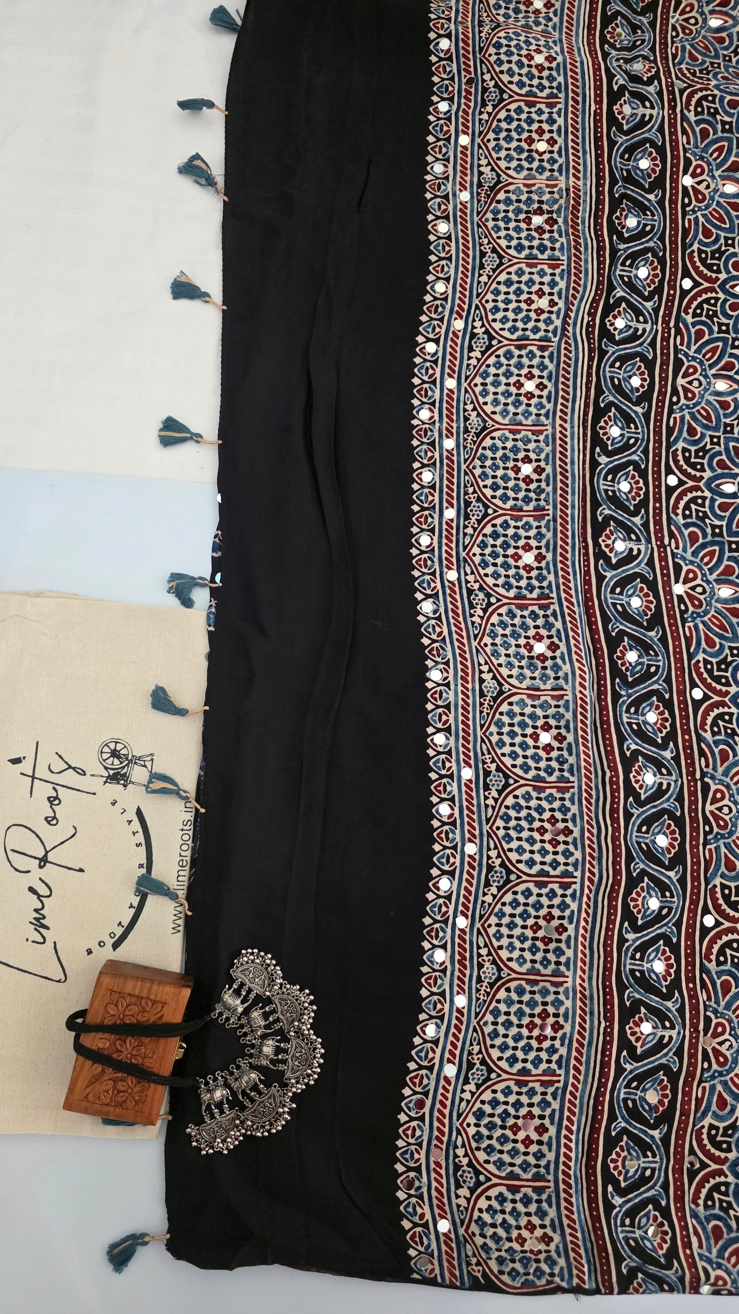 Black modal silk ajrakh Saree with mirror