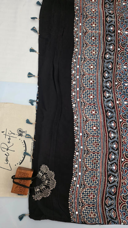 Black modal silk ajrakh Saree with mirror