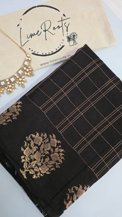 Black Checks Tussar silk Saree