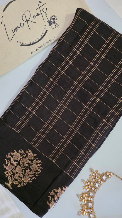 Black Checks Tussar silk Saree