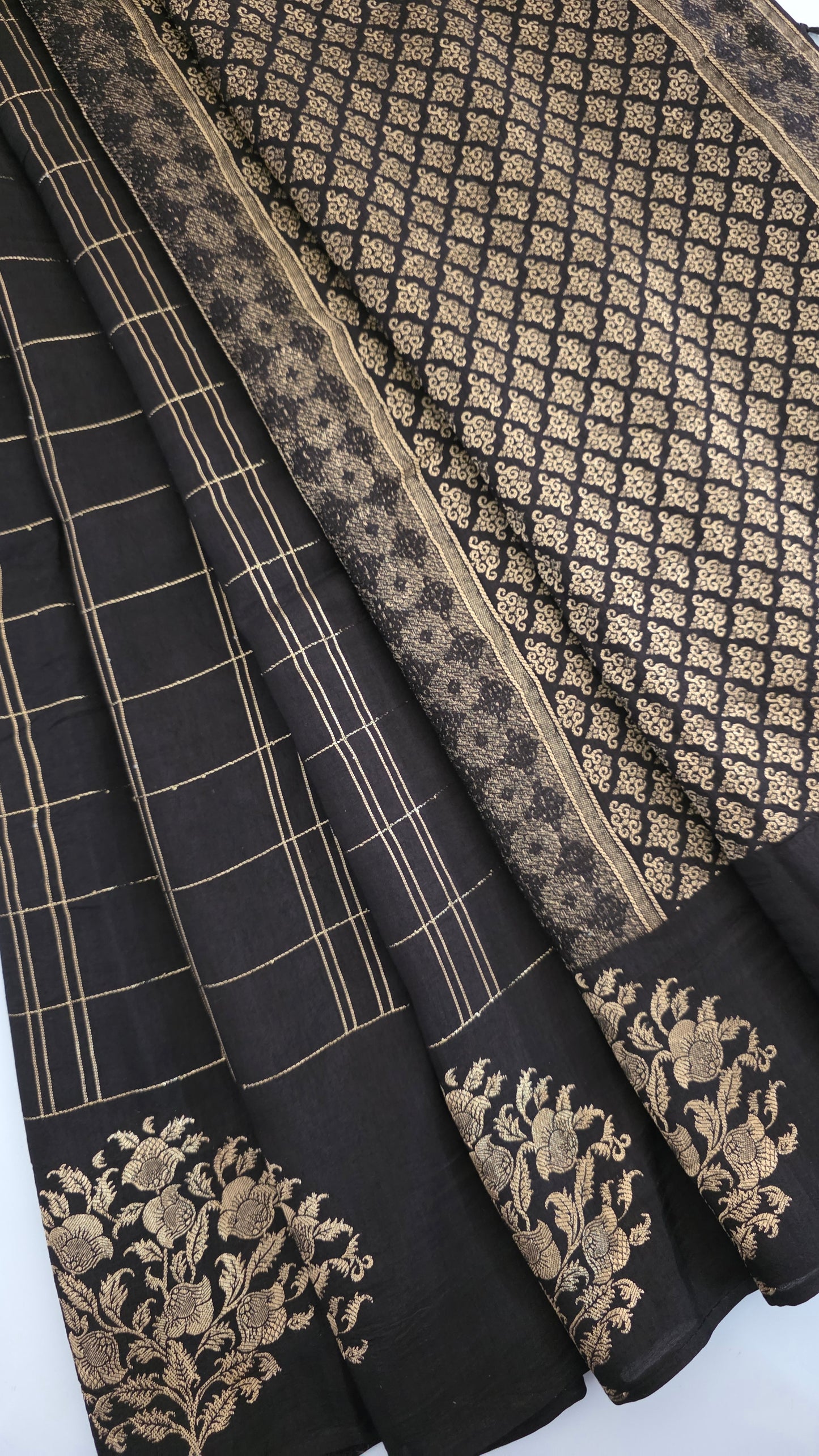 Black Checks Tussar silk Saree