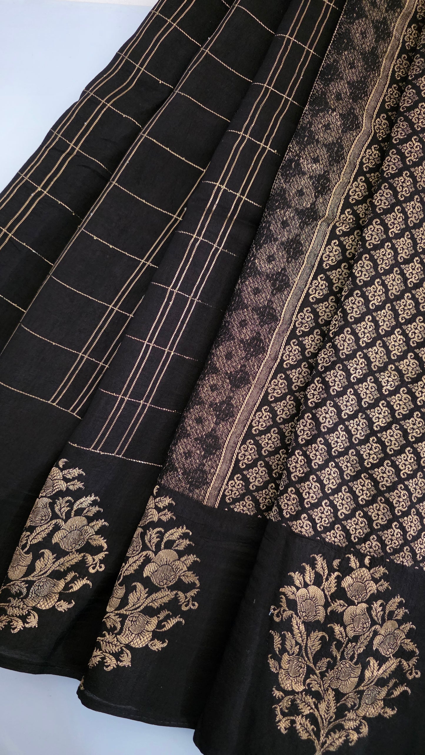 Black Checks Tussar silk Saree