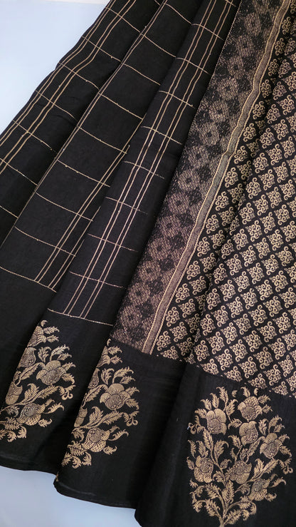 Black Checks Tussar silk Saree