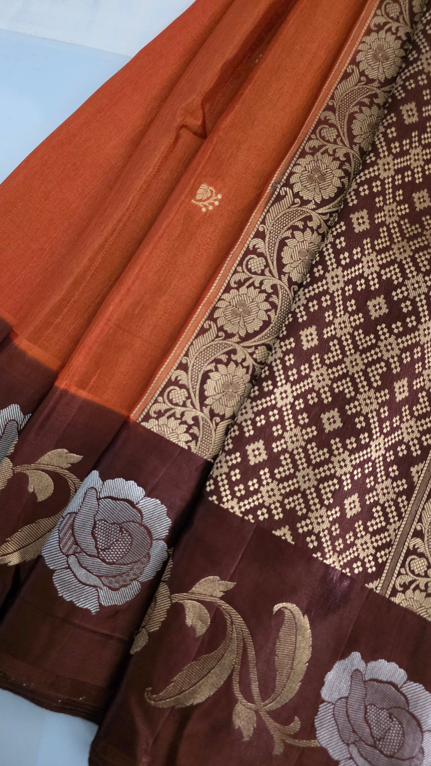 Orange with Ivory contrast Banarasi Silk Saree