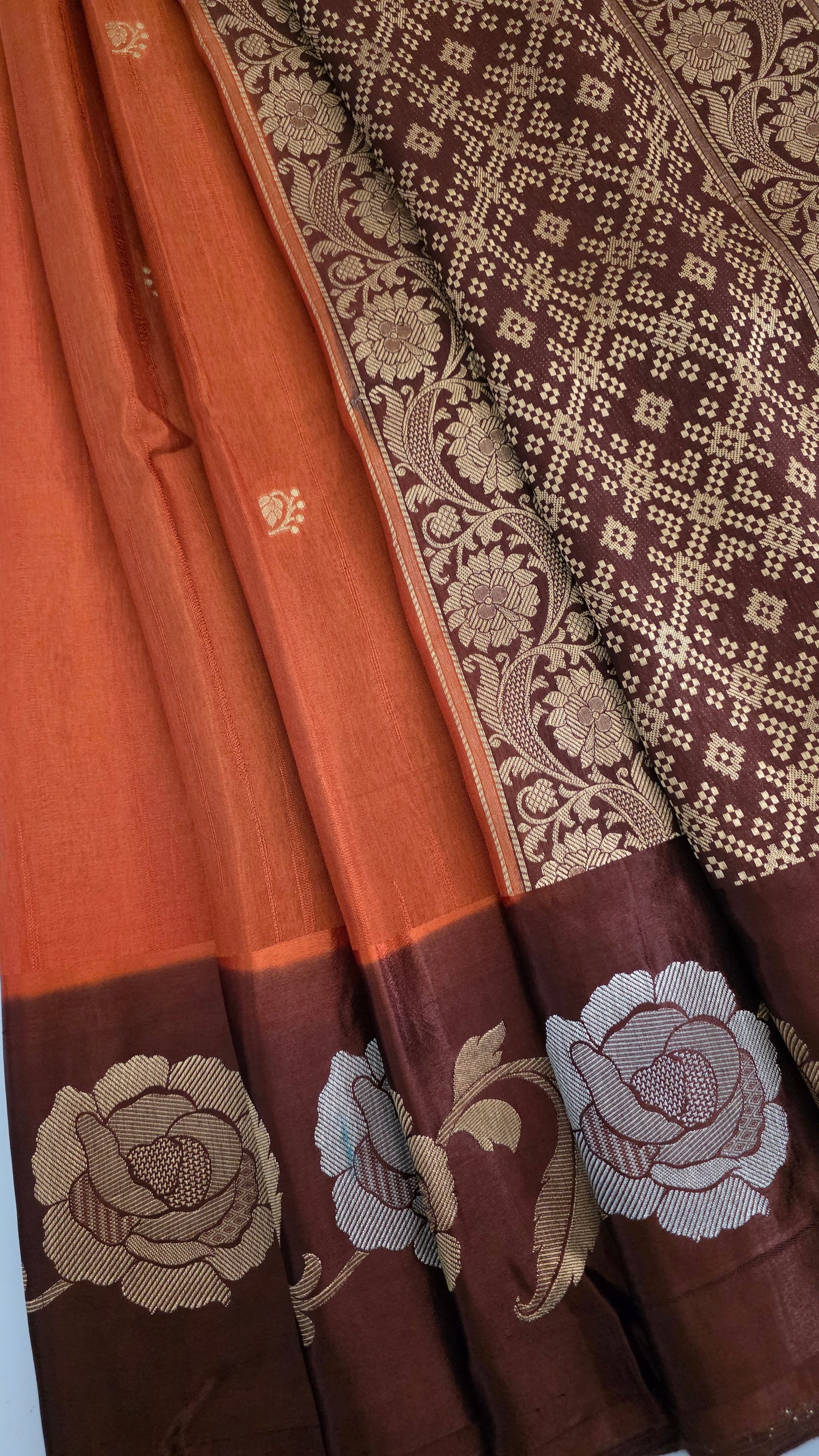 Orange with Ivory contrast Banarasi Silk Saree