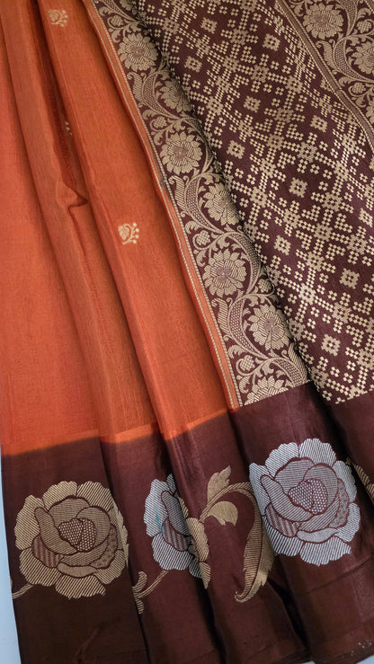 Orange with Ivory contrast Banarasi Silk Saree